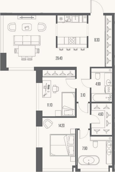 Планировка: 2-к, 83,5 м²