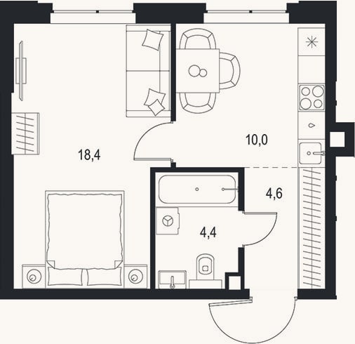 Планировка: 1-к, 37,4 м²