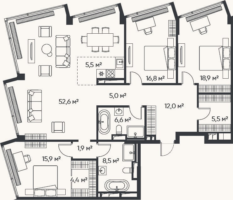 Планировка: 4+ к, 152,3 м²