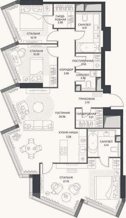 Планировка: 4+ к, 107,4 м²