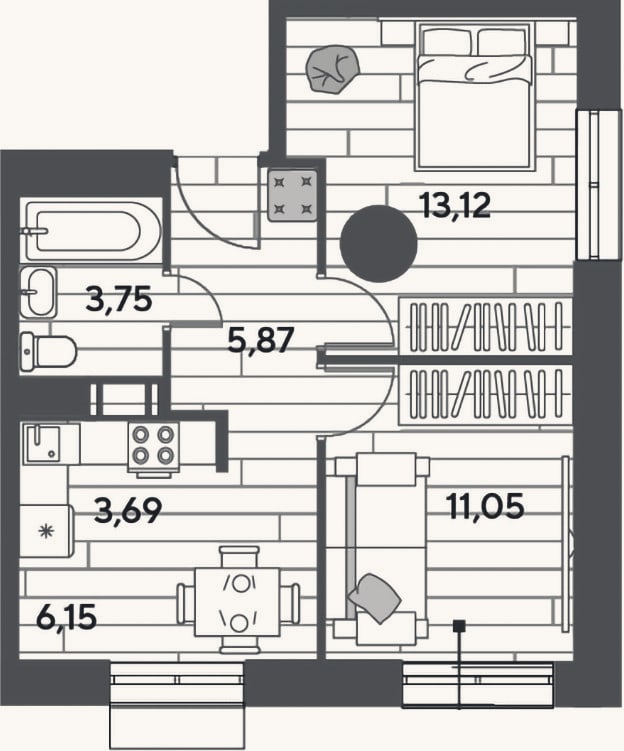 Планировка: 2-к, 43,6 м²