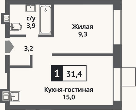 Планировка: 2-к, 31,4 м²