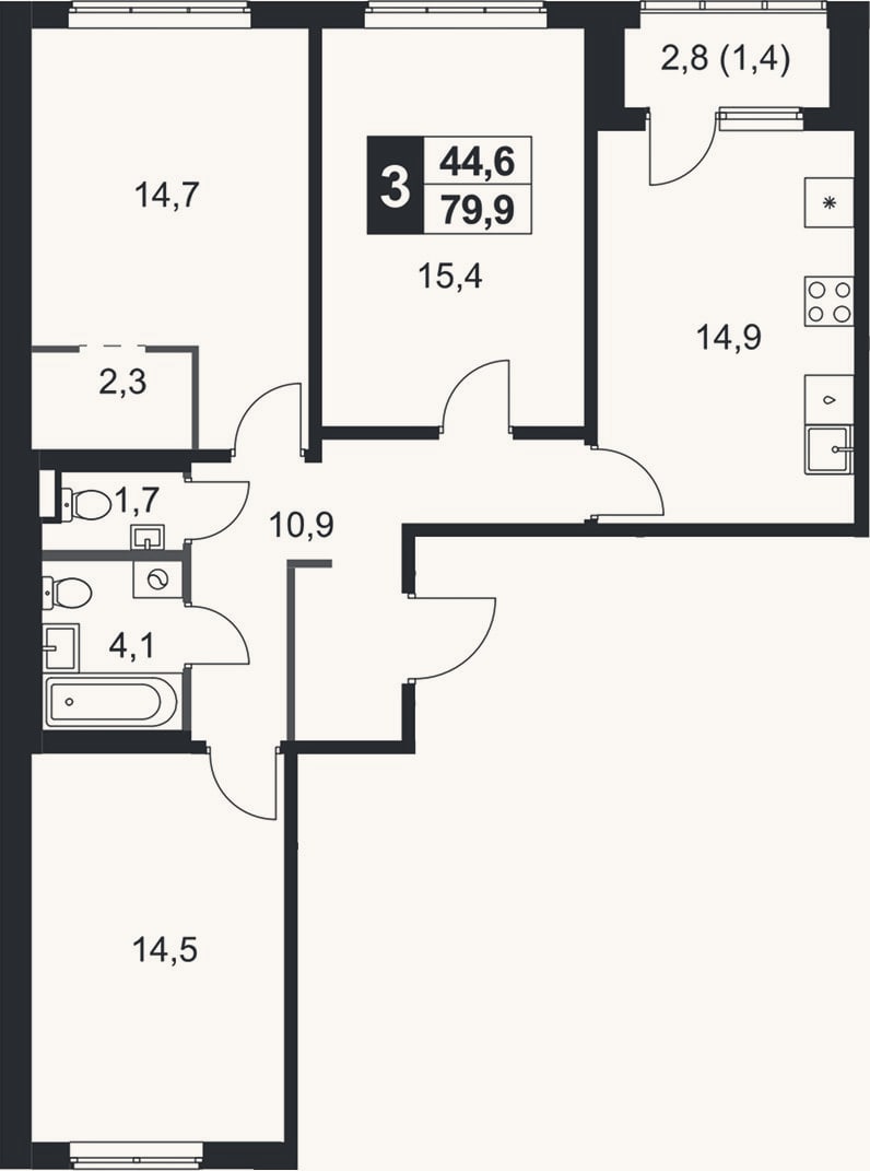 Планировка: 3-к, 78,5 м²