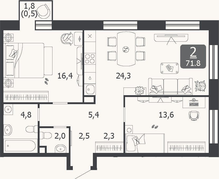 Планировка: 3-к, 71,3 м²