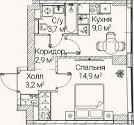Планировка: 1-к, 34 м²