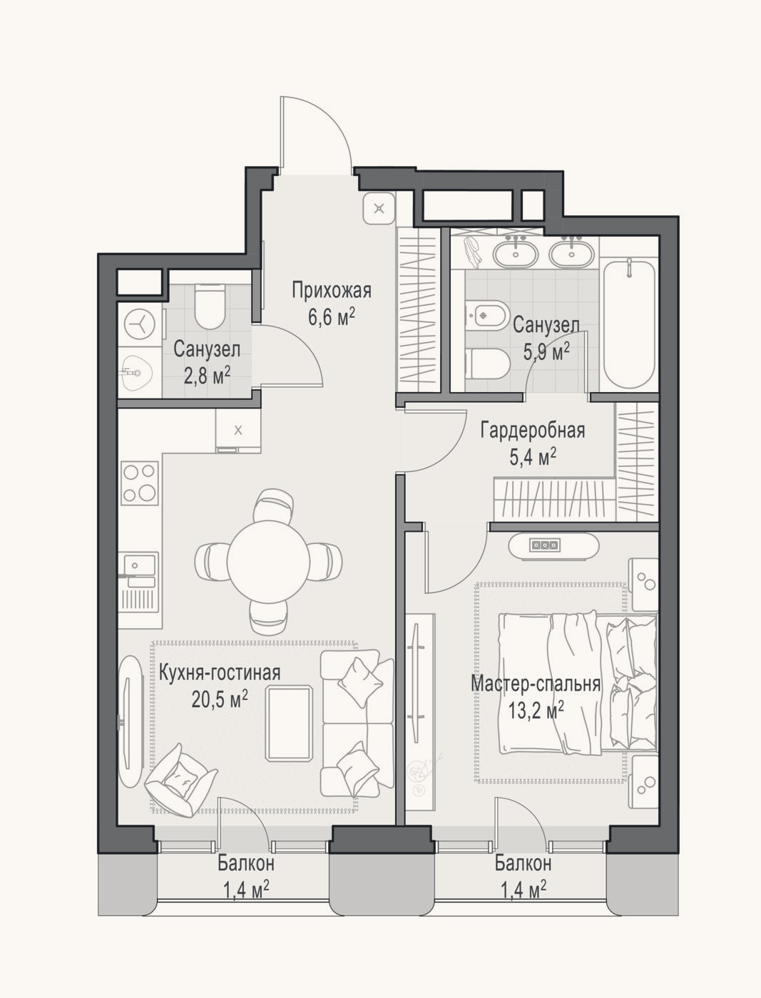 Планировка: 2-к, 54,9 м²