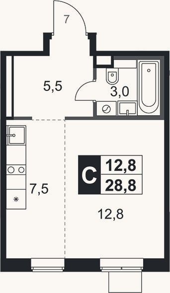 Планировка: Студия, 28,8 м²