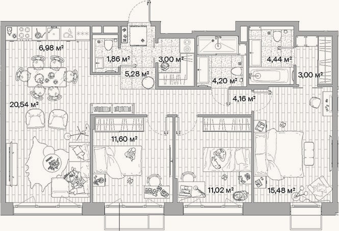 Планировка: 4+ к, 91,6 м²