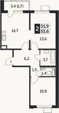 Планировка: 2-к, 51,9 м²