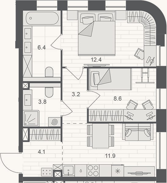 Планировка: 2-к, 50,4 м²