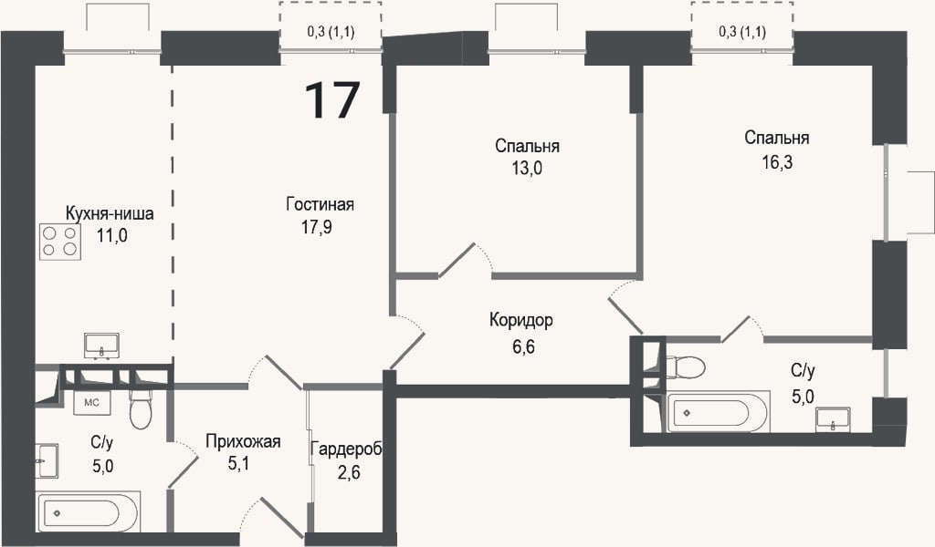 Планировка: 3-к, 81,9 м²