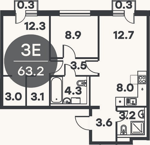 Планировка: 3-к, 62,6 м²