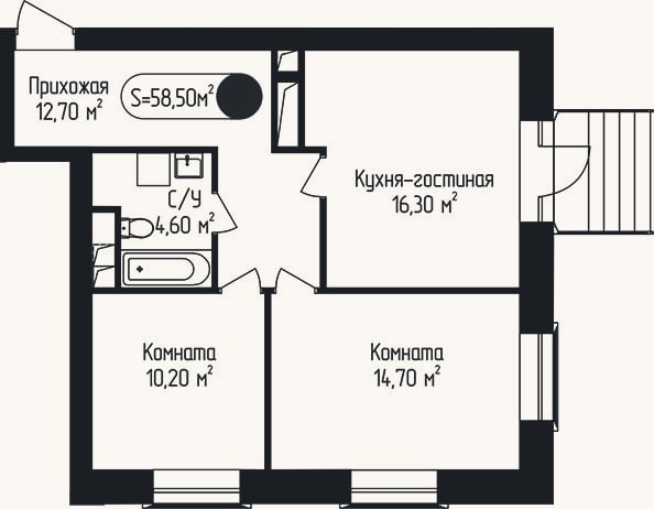 Планировка: 2-к, 58,5 м²