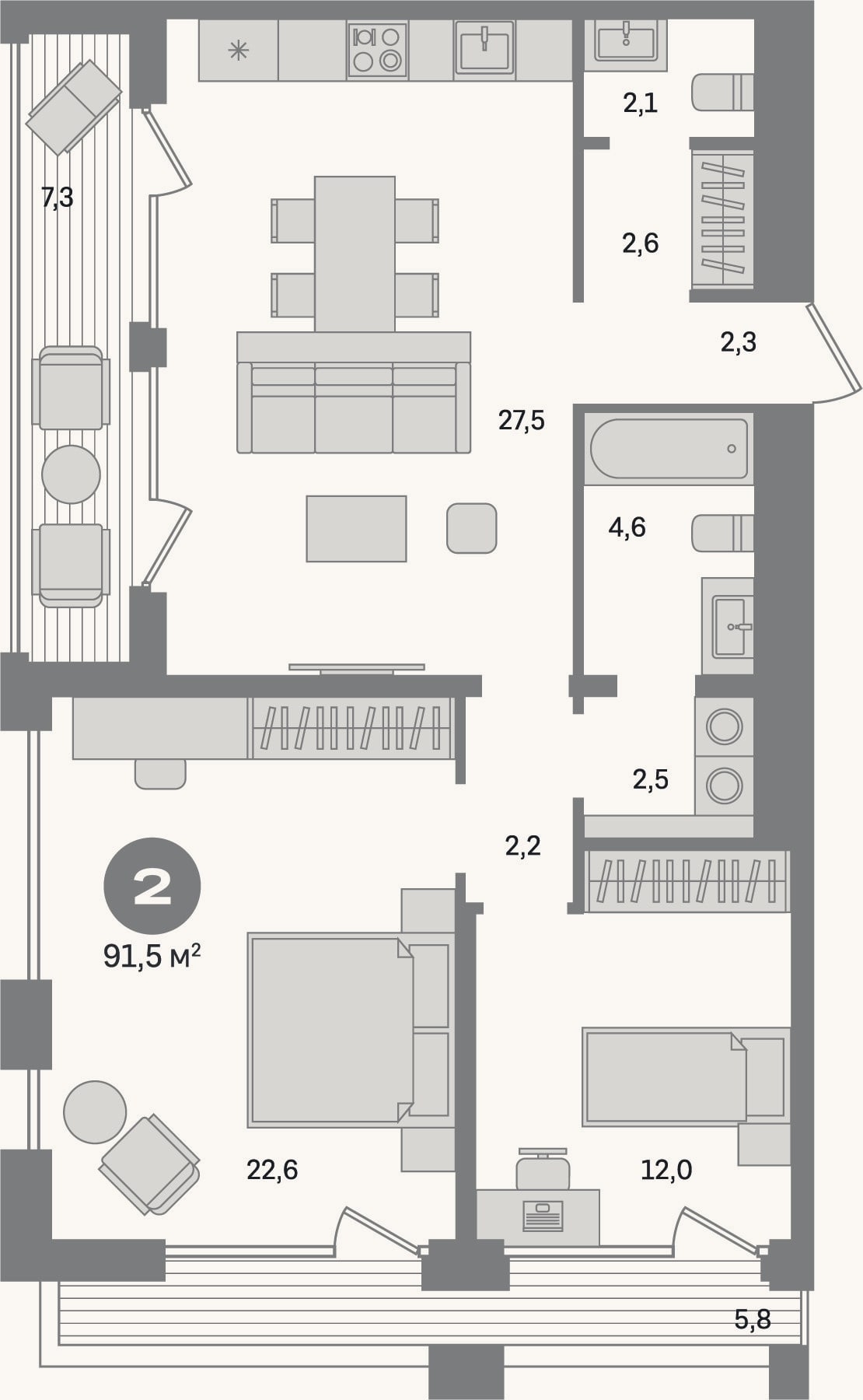 Планировка: 2-к, 78,4 м²