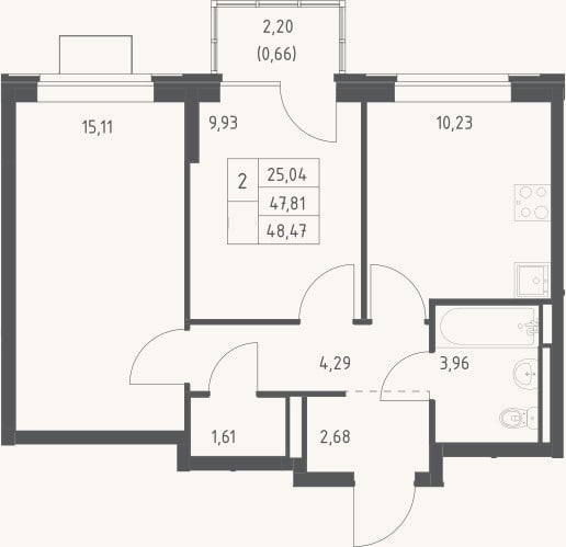Планировка: 2-к, 47,8 м²