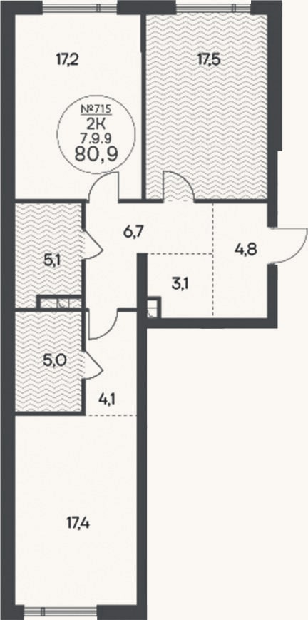 Планировка: 2-к, 80,9 м²