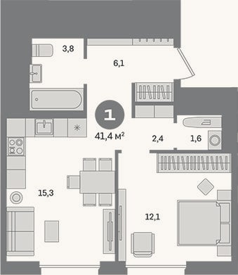 Планировка: 1-к, 41,4 м²