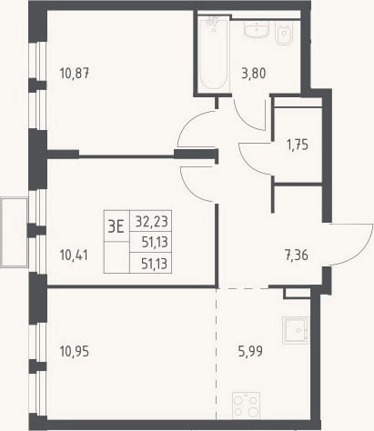 Планировка: 3-к, 51,1 м²