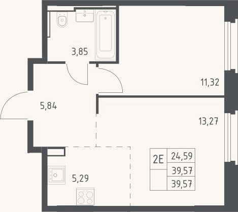 Планировка: 2-к, 39,6 м²