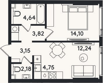 Планировка: 2-к, 44,9 м²