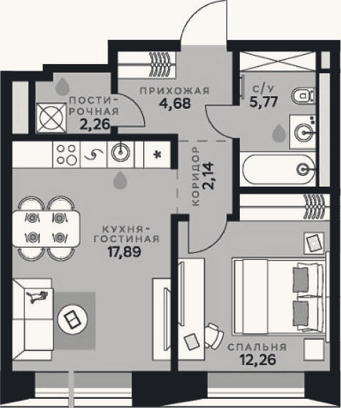 Планировка: 2-к, 45 м²