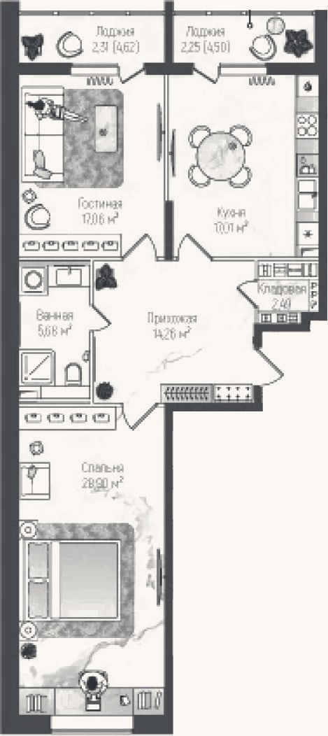 Планировка: 2-к, 85,4 м²