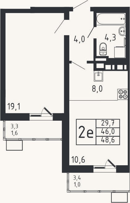 Планировка: 2-к, 46 м²