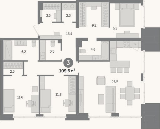 Планировка: 3-к, 109,6 м²