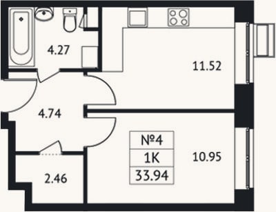Планировка: 1-к, 33,9 м²
