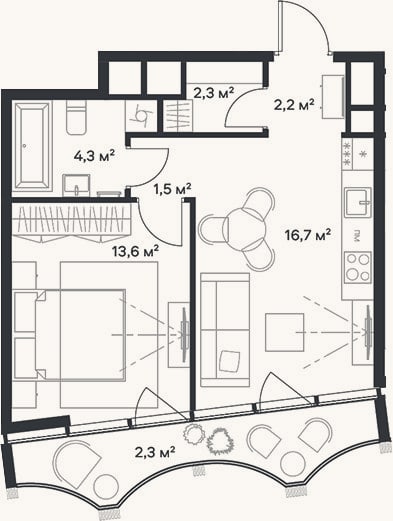 Планировка: 2-к, 40,6 м²