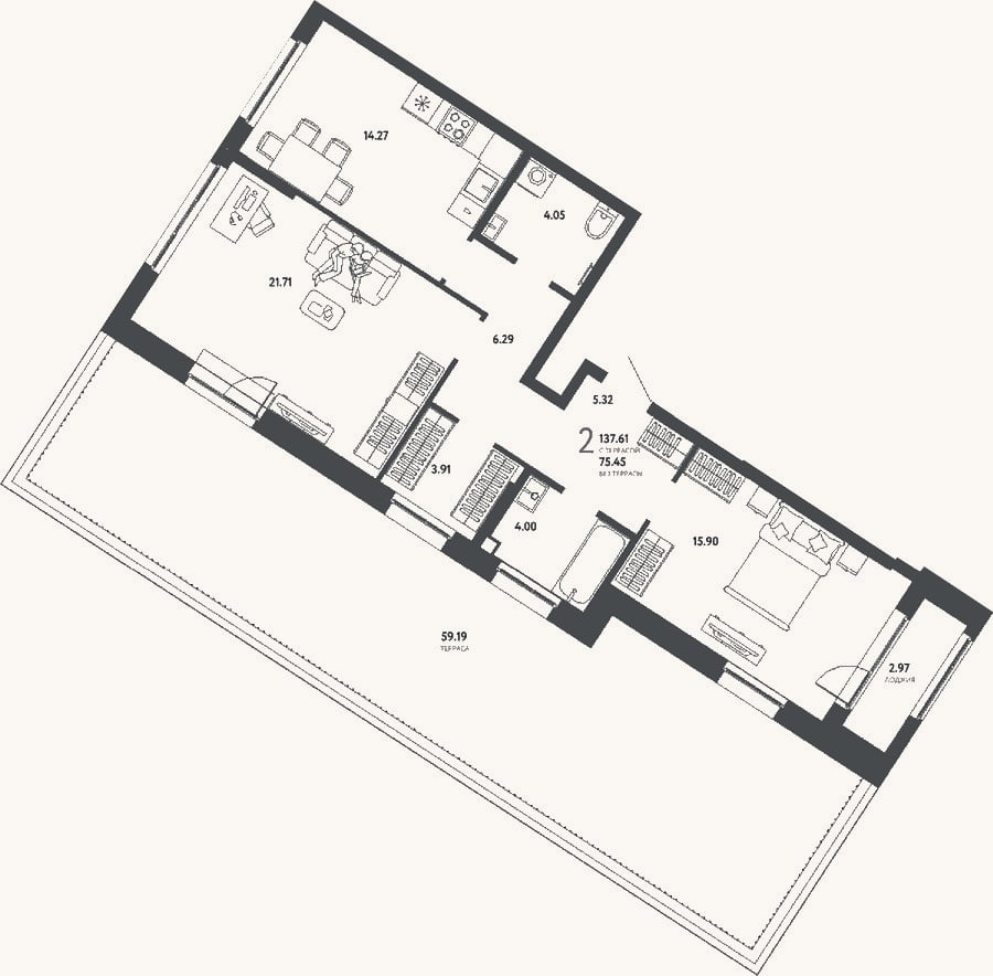 Планировка: 2-к, 75,5 м²