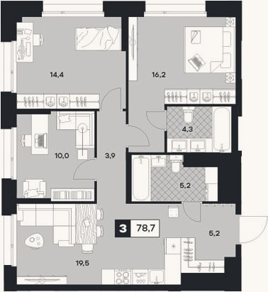 Планировка: 3-к, 78,7 м²