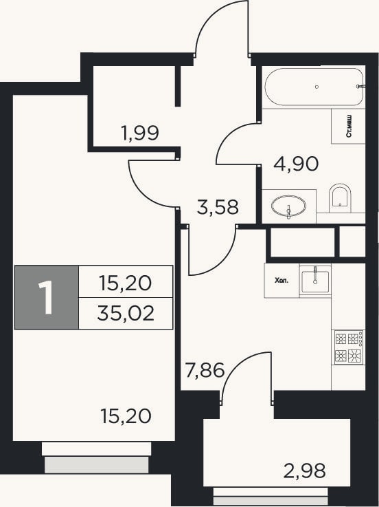 Планировка: 1-к, 33,5 м²