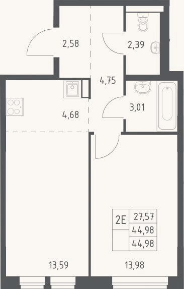 Планировка: 2-к, 45 м²