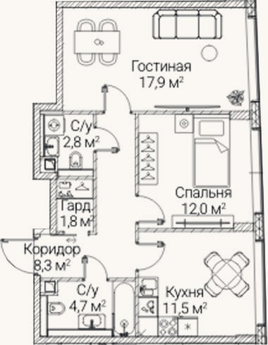 Планировка: 2-к, 59 м²