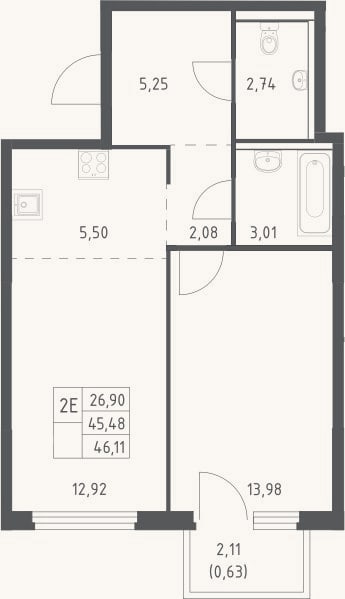 Планировка: 2-к, 45,5 м²