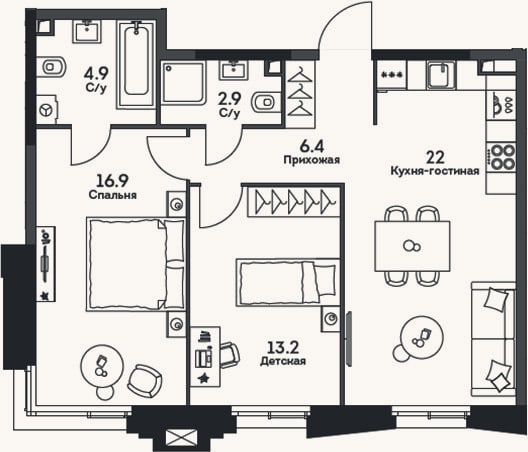Планировка: 3-к, 66,3 м²