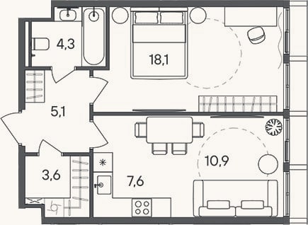 Планировка: 2-к, 49,6 м²