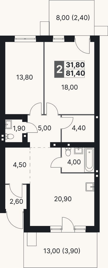 Планировка: 2-к, 75,1 м²
