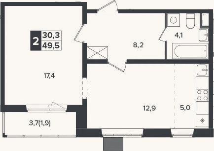 Планировка: 2-к, 47,6 м²