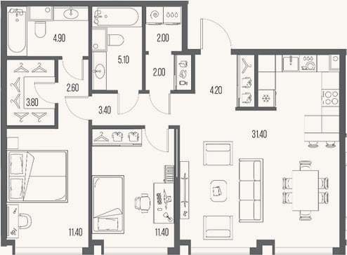 Планировка: 2-к, 82,2 м²