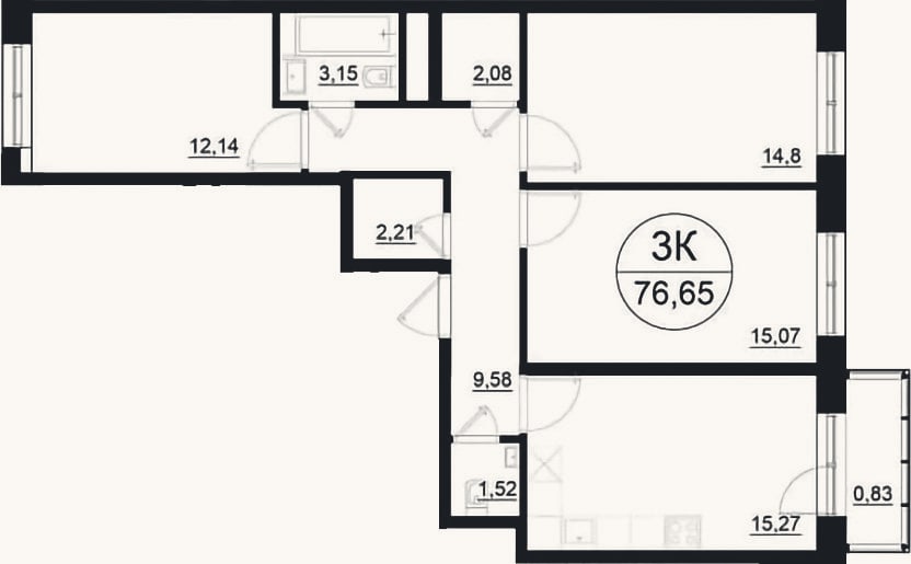 Планировка: 3-к, 75,8 м²