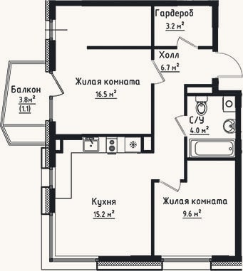 Планировка: 2-к, 55,2 м²