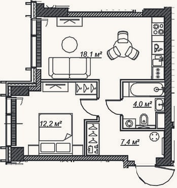 Планировка: 2-к, 41,9 м²