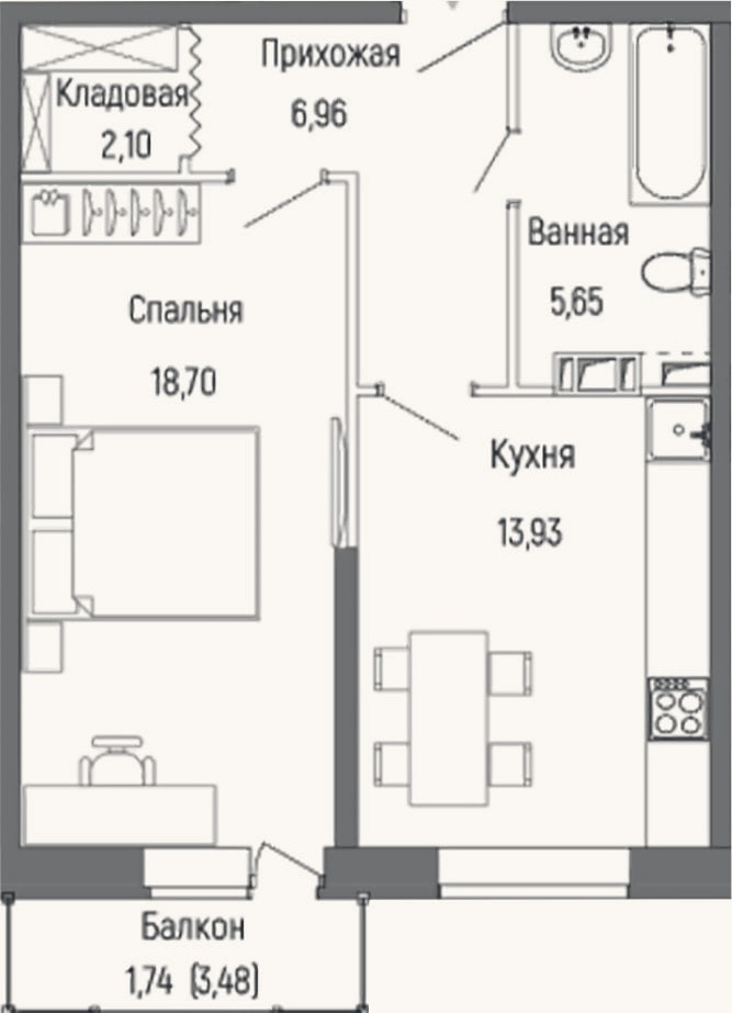 Планировка: 1-к, 47,3 м²