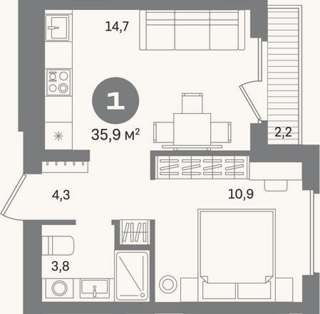 Планировка: 1-к, 33,7 м²