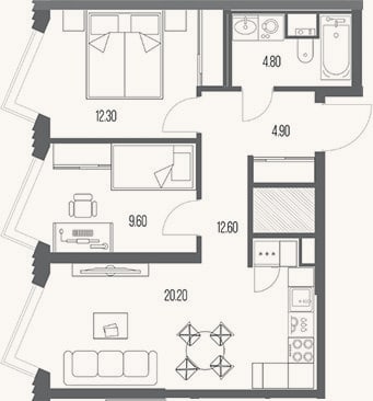 Планировка: 2-к, 54,4 м²