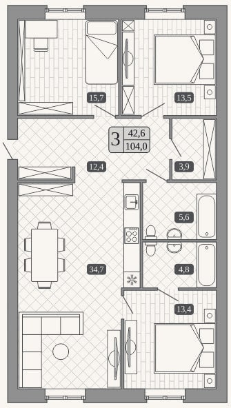 Планировка: 4+ к, 104 м²