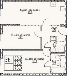 Планировка: 3-к, 70,9 м²