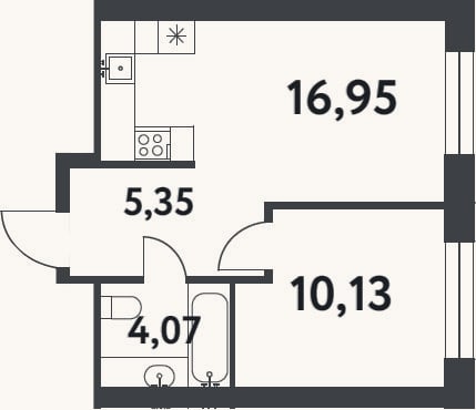 Планировка: 1-к, 36,5 м²